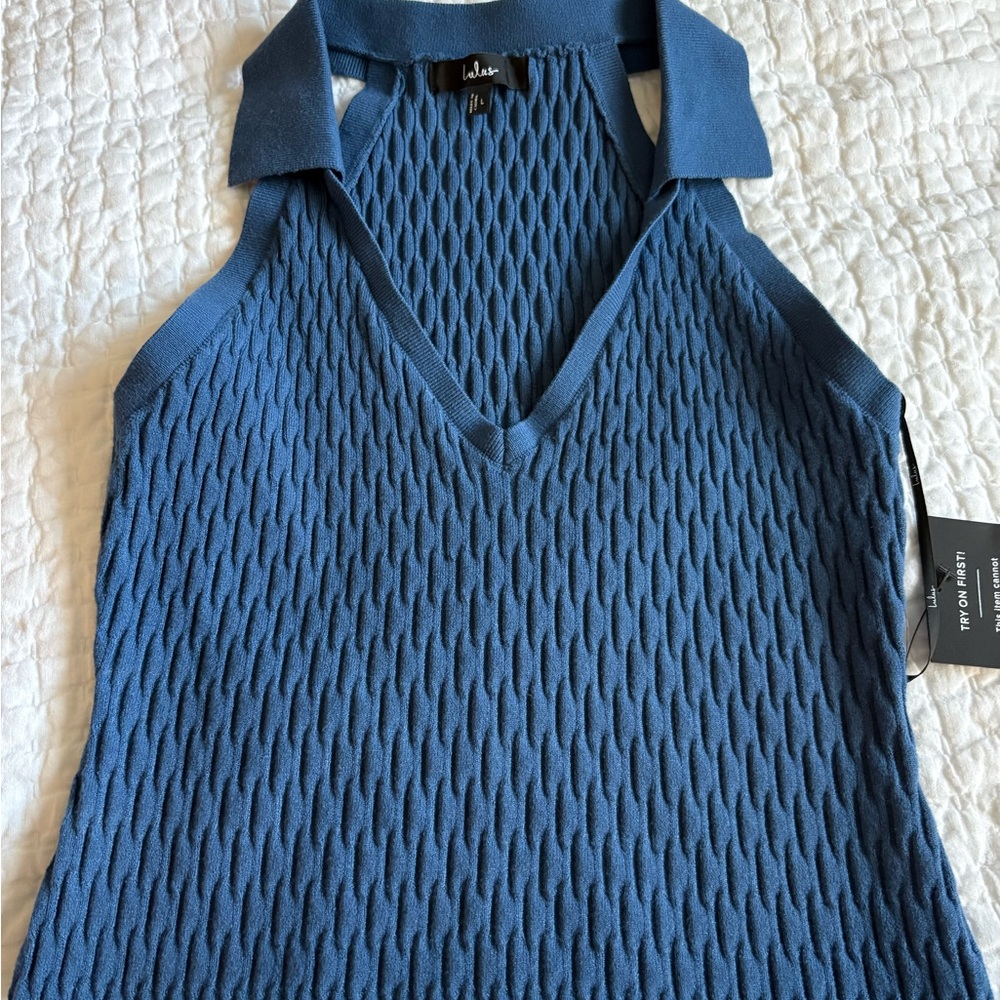 Lulu’s Blue Textured Knit V-Neck Sleeveless Polo Tank